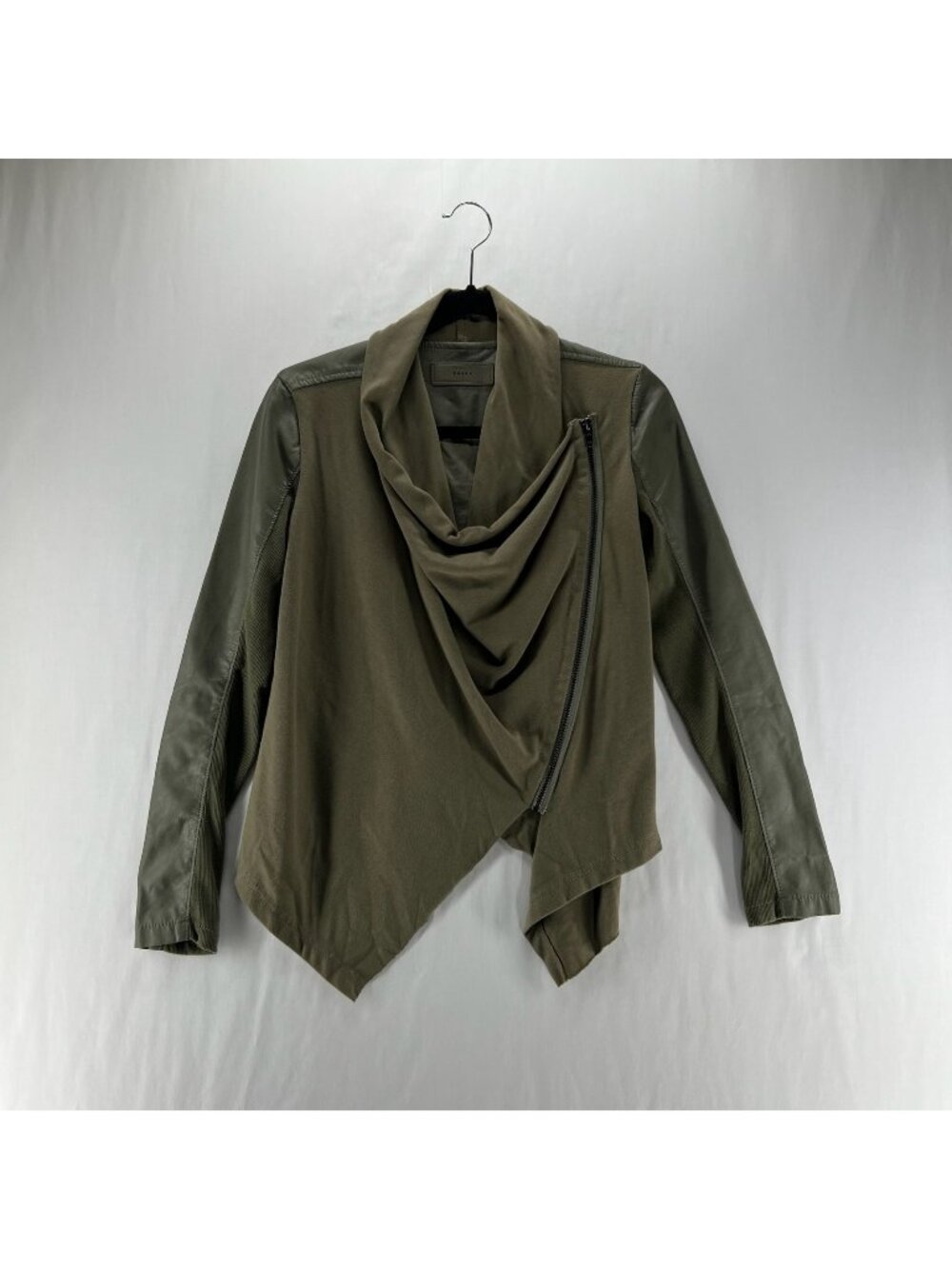 BlankNYC Drape Jacket Womens S Faux Leather Asymmetric Zip Moto Coat Olive Green